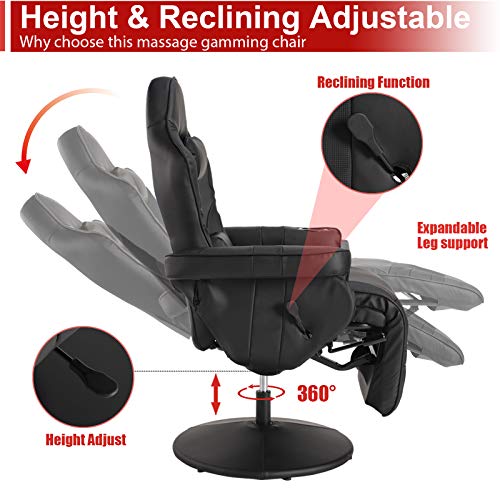 Massage Video Gaming Recliner Chair - Ergonomic Backrest & Seat Height Adjustment Swivel Recliner