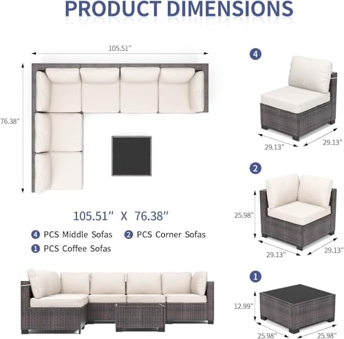 6 Piece Outdoor Patio Furniture Set with Coffee Table, Rattan Deck Conversation Sofa Set