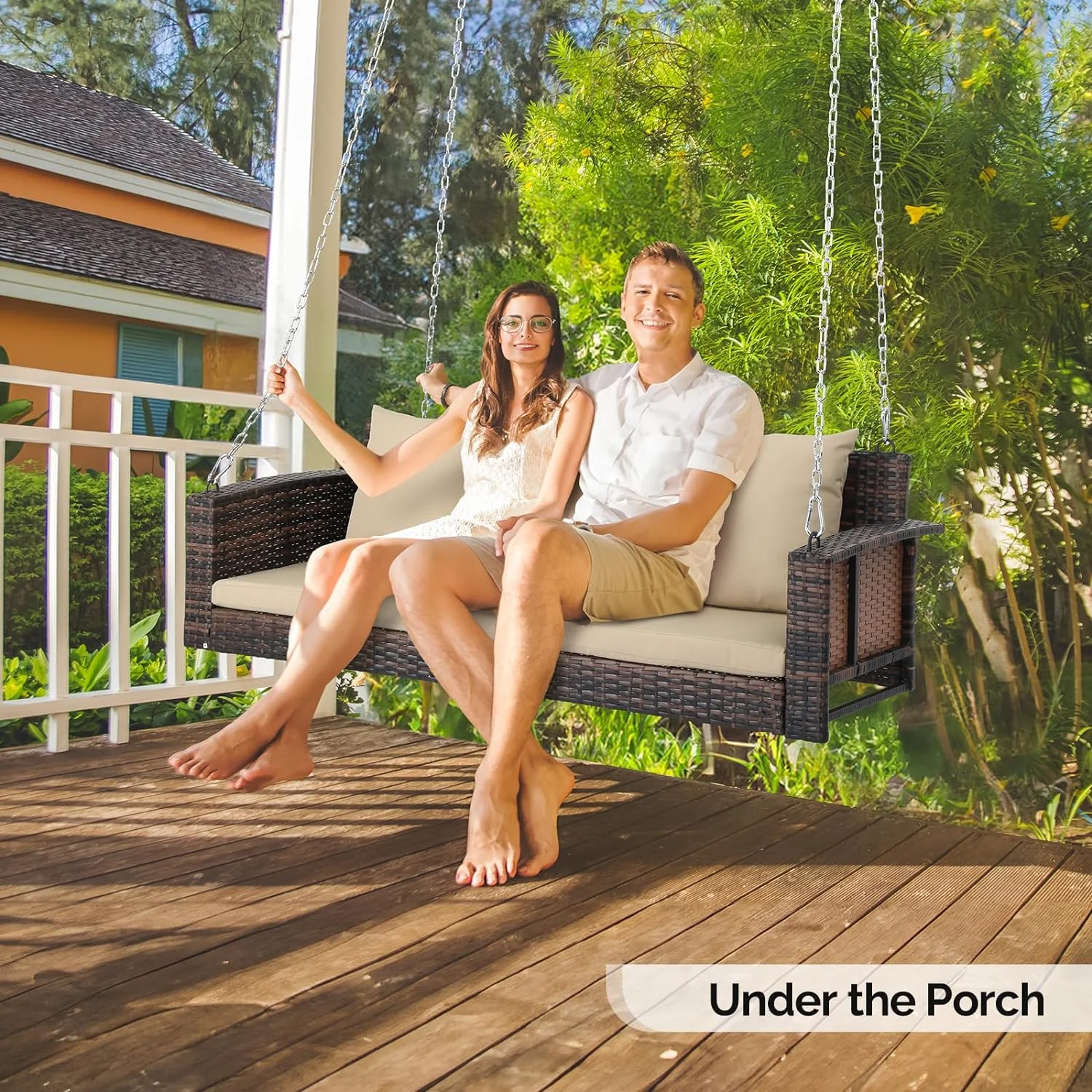 VINGLI 5 ft Rattan Outdoor Porch Swing, Heavy Duty 800 lbs Wicker Hanging Swing with Cushions for Porch, Yard, Balcony, Tree, Brown