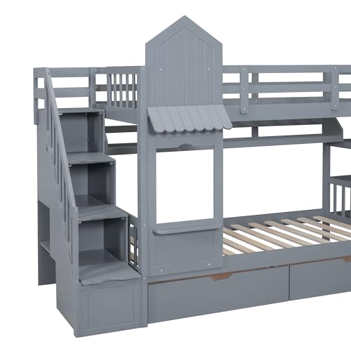 Kids Bunk Bed with Stairs and Slide, Wood Twin Over Twin Bunk Bed with Storage Drawers and Shelves, Castle Style Bunk Beds for Kids Teens Girls Boys