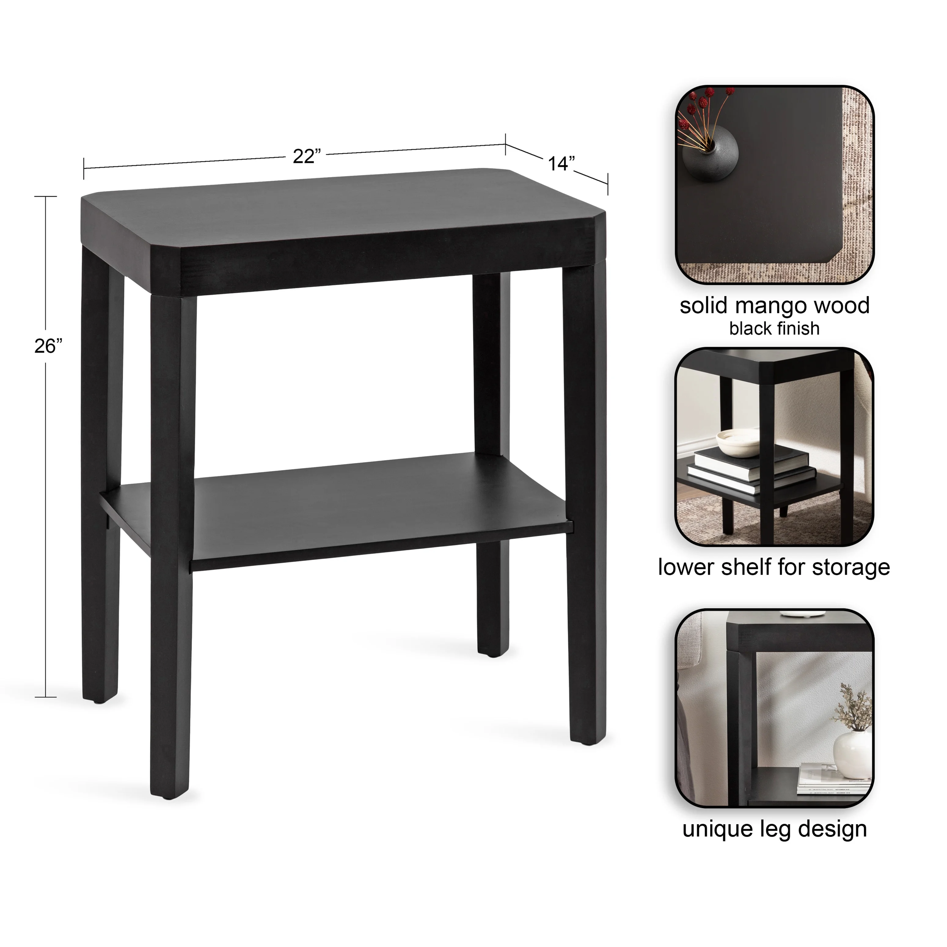 Kate and Laurel Talcott Modern Rectangle Wood Side Table, 22 x 14 x 26, Black