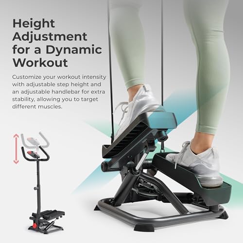 Sunny Health & Fitness Total Body 2-in-1 Smart Stepper Machine for Home with Handlebar and Resistance Bands, Total Body Workout, Adjustable Hydraulic