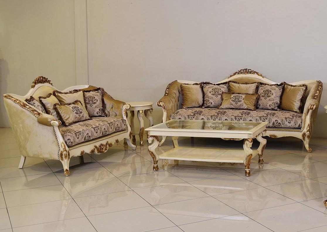 Luxury Beige & Gold Wood Trim PARIS Sofa Set 2 EUROPEAN FURNITURE Traditional