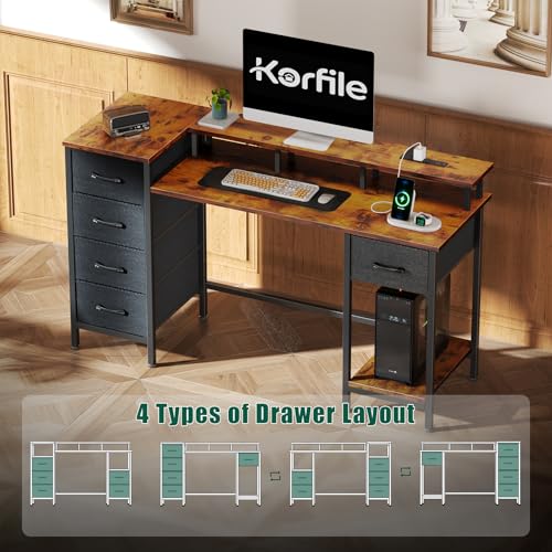 47 Inch Computer Gaming Desk with Power Outlets LED Lights Reversible Home Office with Adjustable Fabric Storage Drawers for Working Writing Study