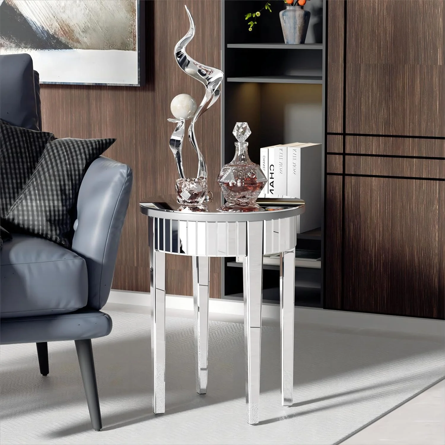 NLIBOOMLife Round Mirrored End Table  17.7 inches Circle Sofa  with Beveled Glass Silver Mirror Edge  Tall Decorative Nightstand Modern Accent Desk