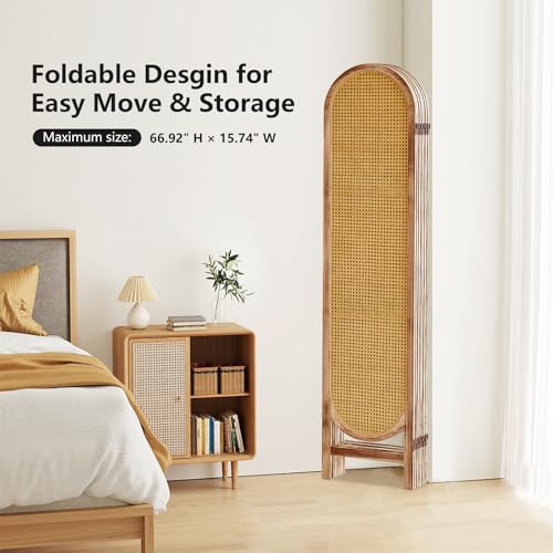4 Panels Room Divider Wall, Foldable Wooden Room Divider, Individual Privacy Screen Made of Hand-Woven Rattan