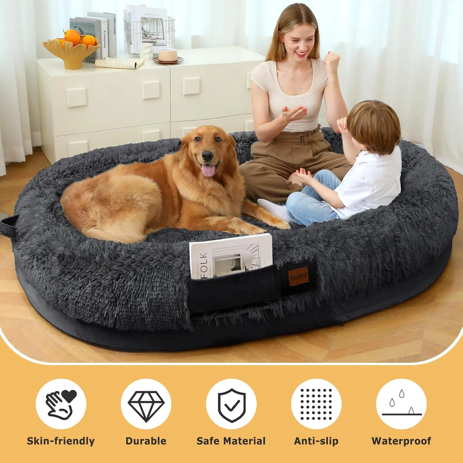 SWITTE Human Dog Bed for Adult, 71"x47"x13" Washable Large Human Size Dog Bed with Blanket for People Doze Off