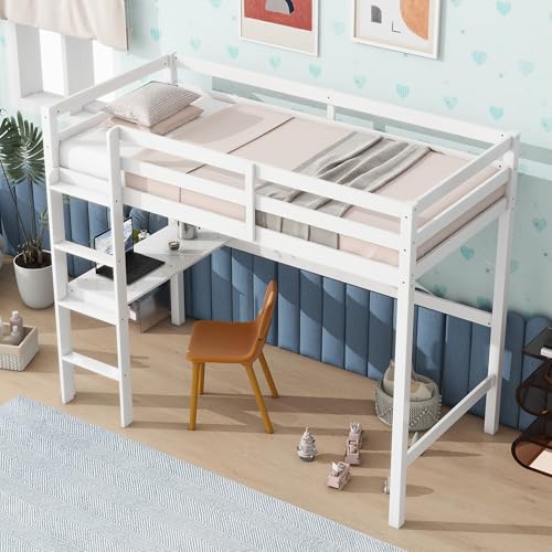 Low Loft Bed Twin Size, Kids Solid Wood Modern Loft Bed Frame with Ladder and Safety Guardrail for Girls Boys, Noise-Free,Non-Toxic Finishes