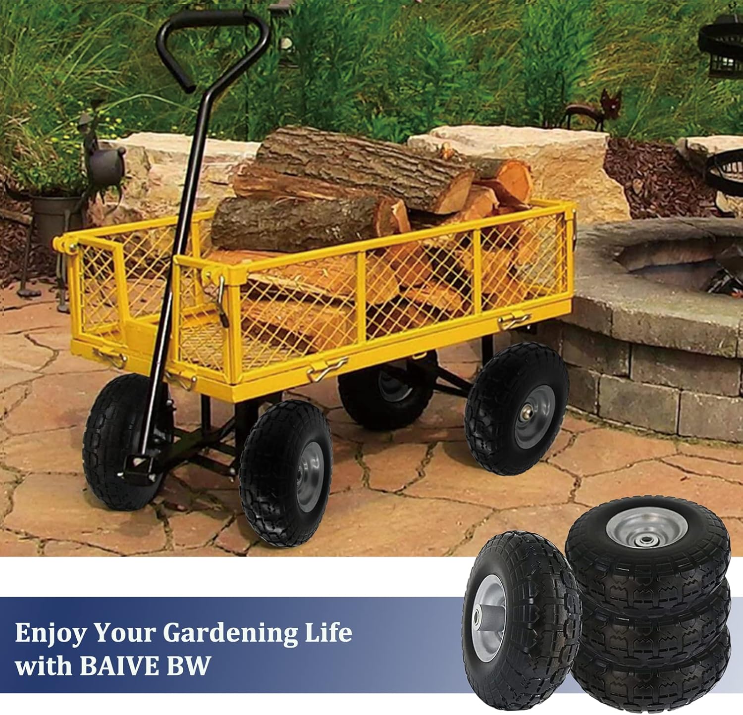 BAIVE BW 4 Pcs 10 Flat Free Tires Solid Non-inflated Tires Wheels, 4.10/3.50-4 Tire with 5/8 Ball Bearings, for Wheelbarrow, Garden Wagon Carts
