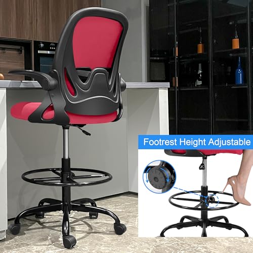 Primy Drafting Chair Tall Office Chair with Flip-up Armrests Executive Ergonomic Computer Standing Desk Chair with Lumbar Support and Adjustable