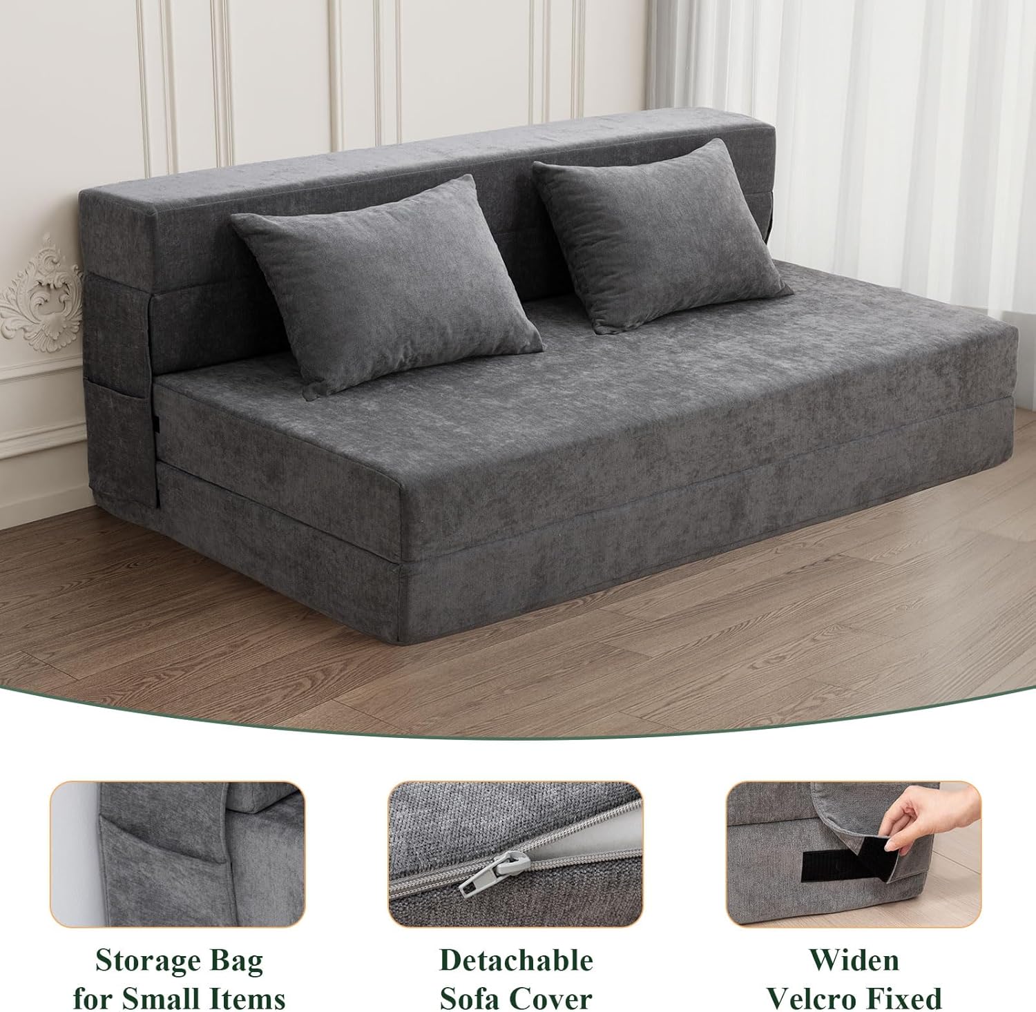 HOMFINE Folding Sofa Bed - Convertible Sleeper Chair with Pillow, Fold Out Couch, Memory Foam Floor Mattress, Futon Couch