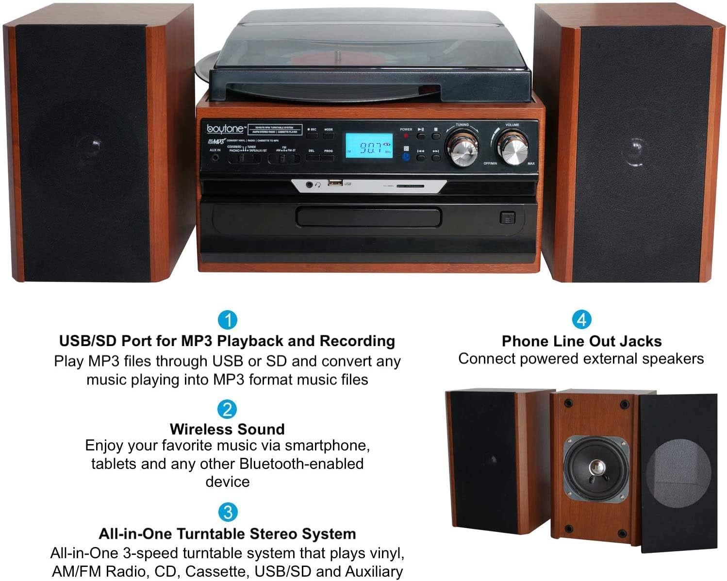 Boytone BT-24MB Bluetooth Classic Style Record Player Turntable with AM/FM Radio, CD/Cassette Player, 2 Separate Stereo Speakers, Record from Vinyl