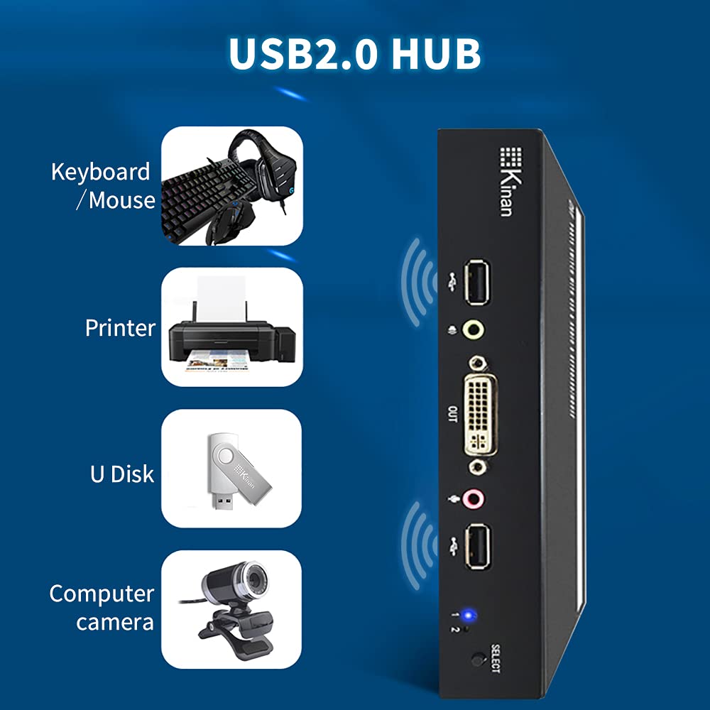 2 Port DVI KVM Switch with Cables,USB2.0 DVI KVM Switches for 2 Computers Share 1 Keyboard,Mouse,Monitor,Printer,USB Powered,1920 x 1200@60Hz