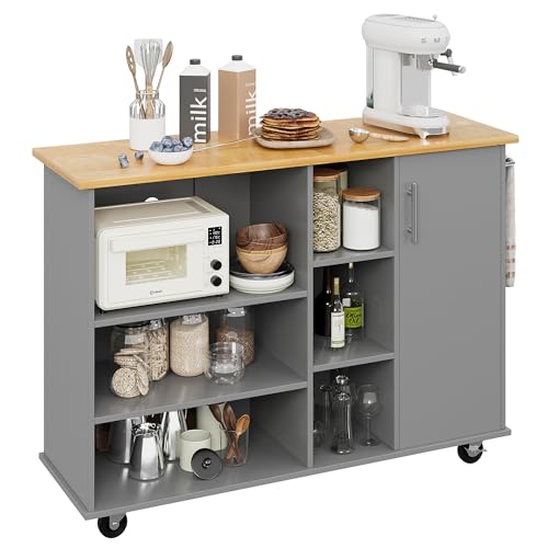 Shintenchi Rolling Kitchen Island Cart with Folding Drop Leaf Breakfast Bar, Portable Trolley Island with Large Storage Cabinet, Shelf and Drawer
