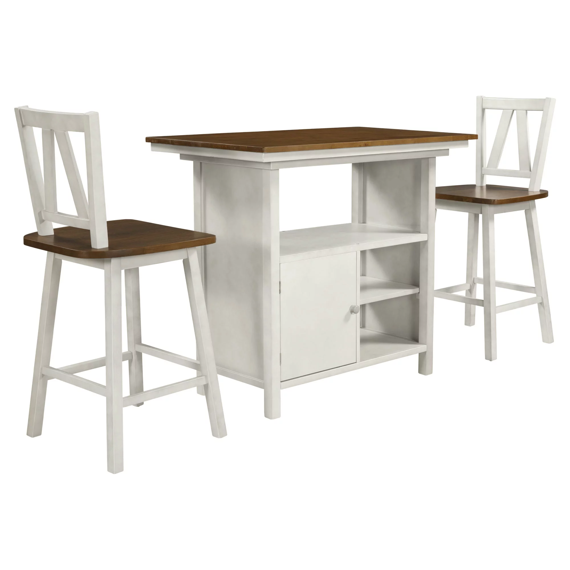 TOPMAX Farmhouse 3-Piece Counter Height Dining Table Set, Wooden Kitchen Table Set with Storage Cabinet and Shelves for Small Places