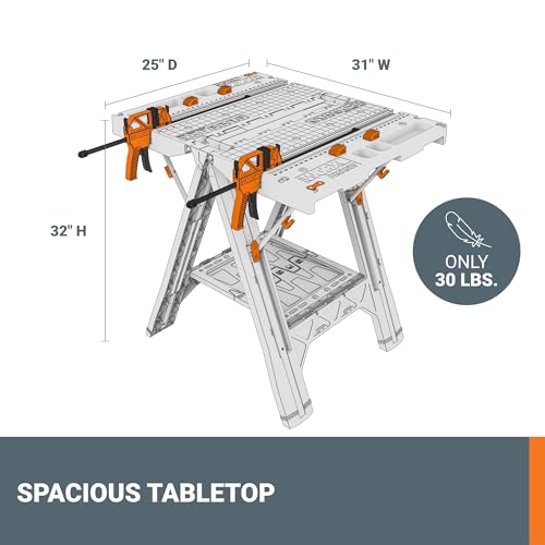 Worx Pegasus 2-in-1 Folding Work Table & Sawhorse, Easy Setup Portable Workbench