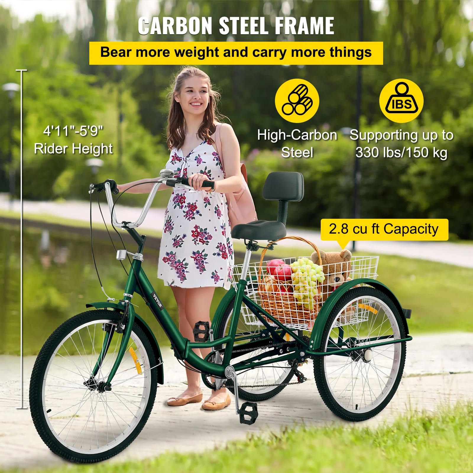 VEVOR Foldable Adult Tricycle 24" Wheels,7-Speed 3 Wheels Trike for Exercise Shopping Picnic Outdoor Activities, Green