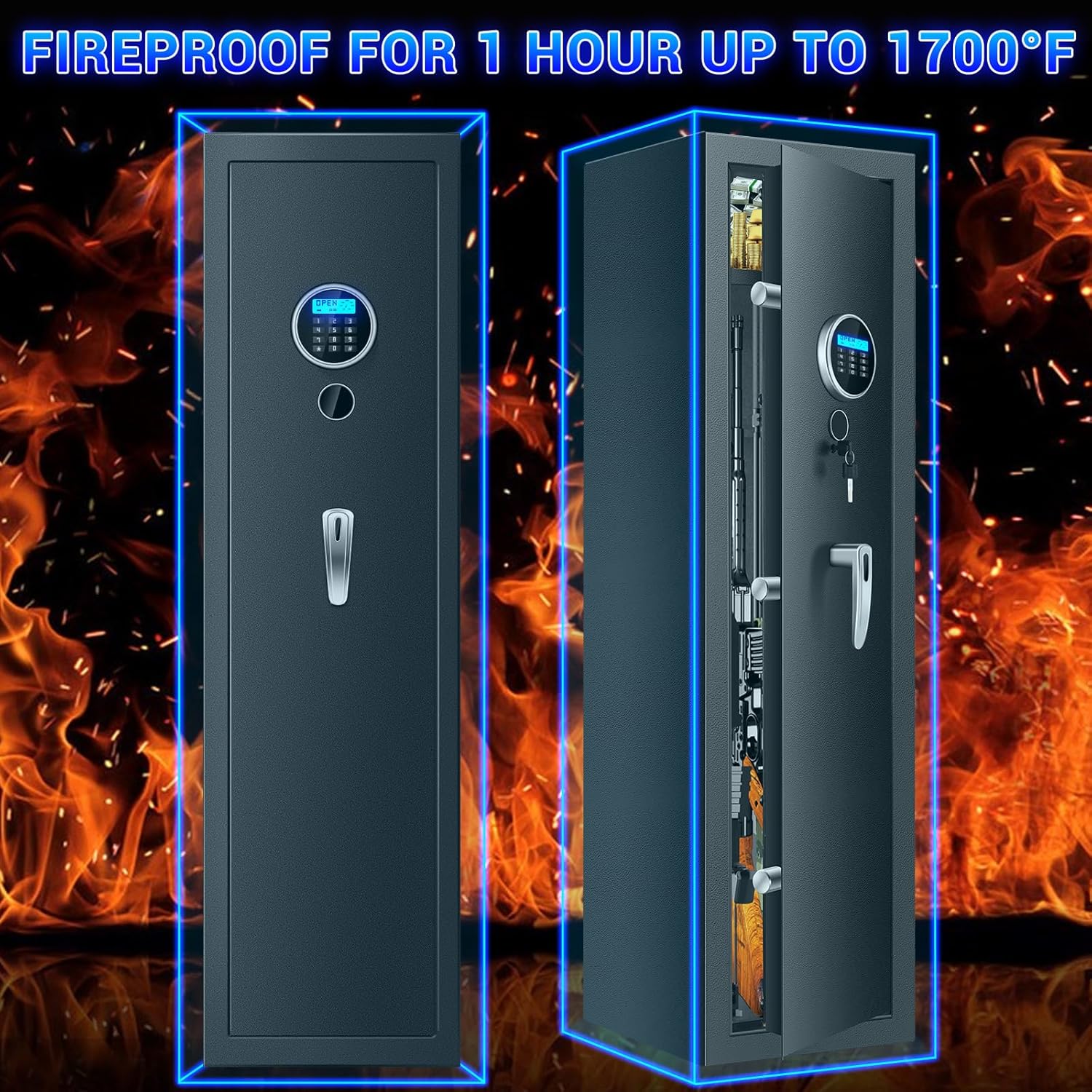 Fireproof Gun Safes for Home Rifle and Pistols, Heavy Duty Anti-Theft Long Gun Safes for Rifles and Shotguns with 3 Pistol Pockets