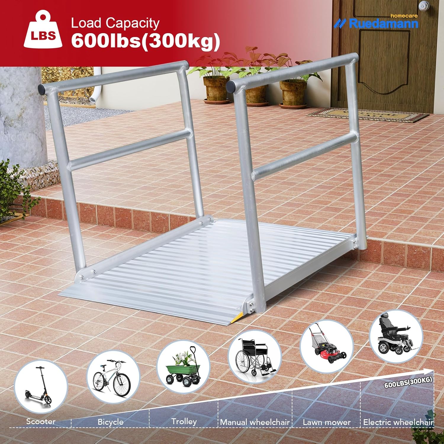Ruedamann 3'L x 36" W Aluminum Wheelchair Ramp with Handrails, 600 Lbs Capacity Threshold Ramp for Home Steps Stairs Curbs, Non-Slip Access Ramp