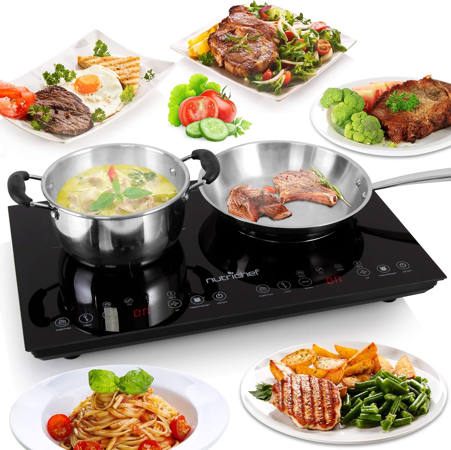 NutriChef Dual 120V Electric Induction Cooker - 1800w Portable Digital Ceramic Countertop Double Burner Cooktop w/ Kids Safety Lock
