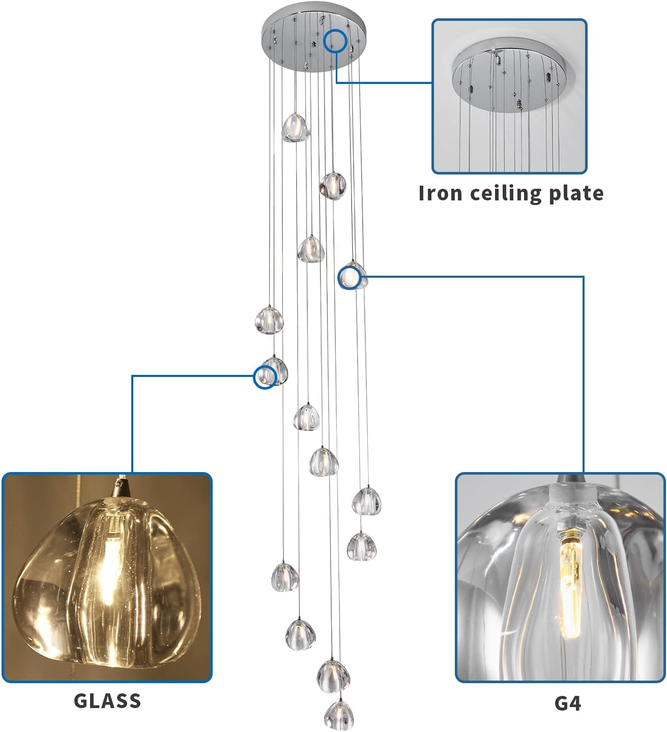 Modern Crystal Chandelier High Ceiling Long Raindrop Ceiling Light 7-Lights Large Foyer Chandelier for Staircase Living Room Entryway G4 Bulb H98.4 x