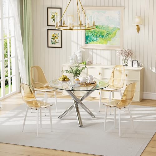 Round Glass Dining Table Set for 4, 47'' Circle Dining Table Set, Glass Dining Room Table Set for 4 with Clear Acrylic Chair