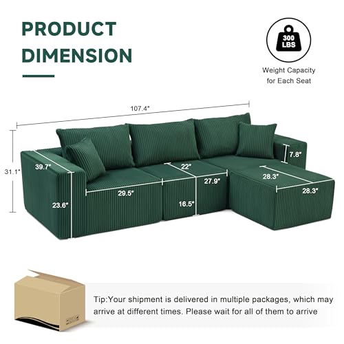 107.4" Cloud Couch Sectional, Modular Sofa with Deep Seat, Plush Corduroy L Shaped Boneless Couch, Convertible Sectional Couches for Living Room