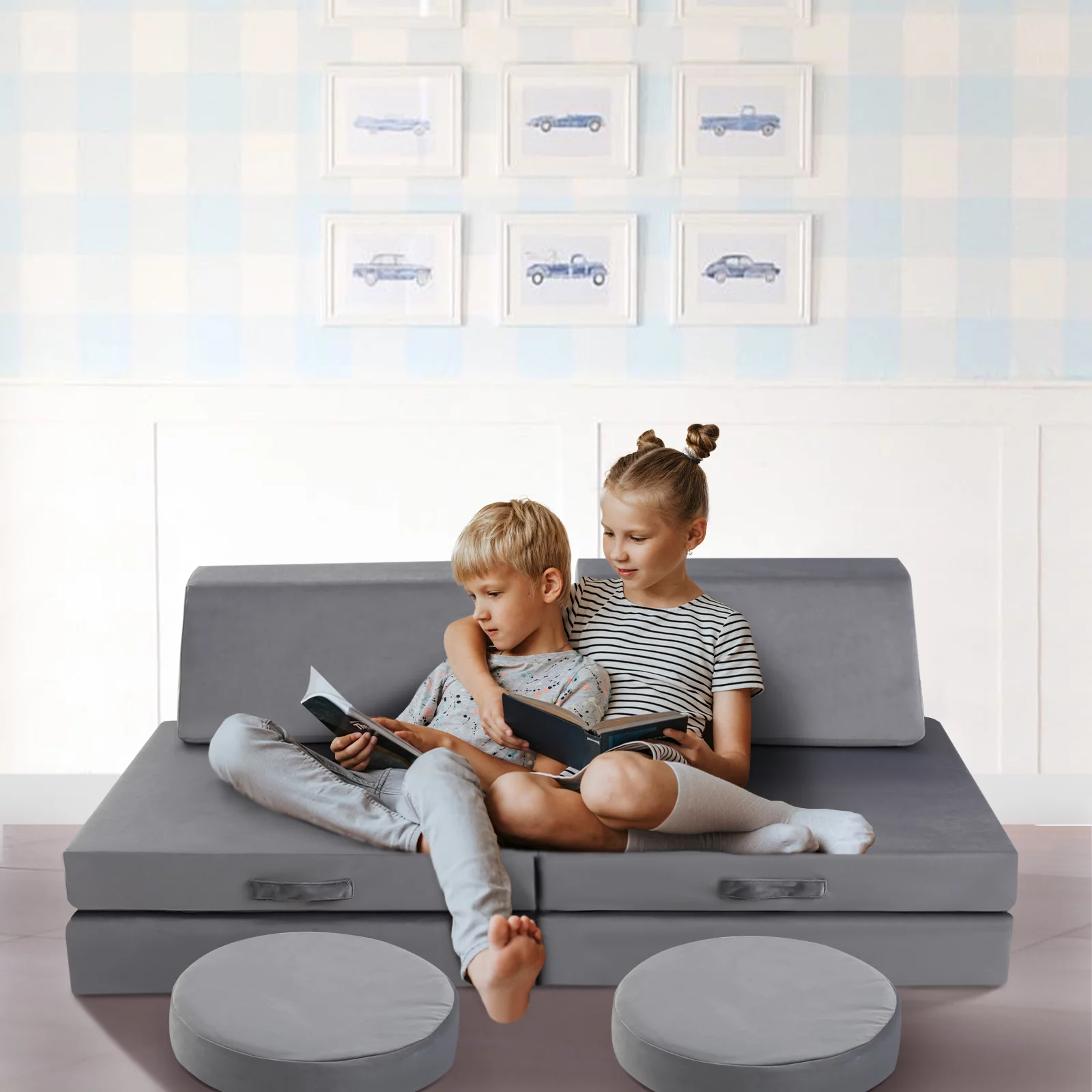 MeMoreCool Kids Couch Sofa Modular Toddler Couch for Bedroom Playroom, 8-Piece Fold Out Couch Play Set for Imaginative Boy Girl