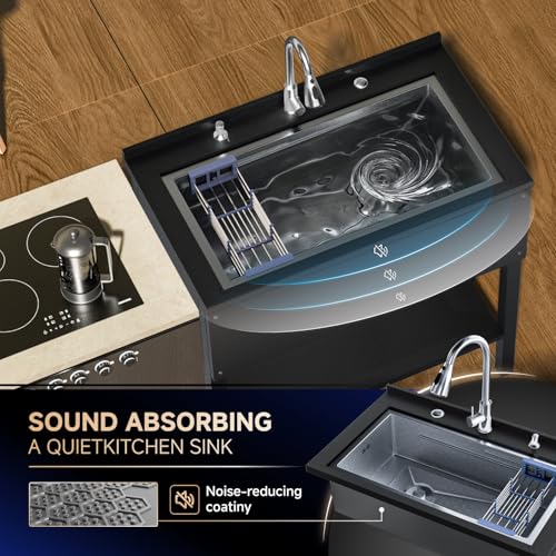 Stainless Steel Utility Sink 36“, Freestanding Laundry Sink with Upgraded Pull Out Faucet, Hose, Drain Kit & Solid Shelf. Utility Sink for Kitchen