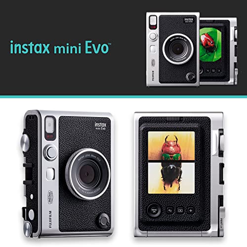 Fujifilm Instax Mini EVO Hybrid Instant Camera Black Bundle with Instax Mini Instant Film 20 Sheets, 32GB microSD Card