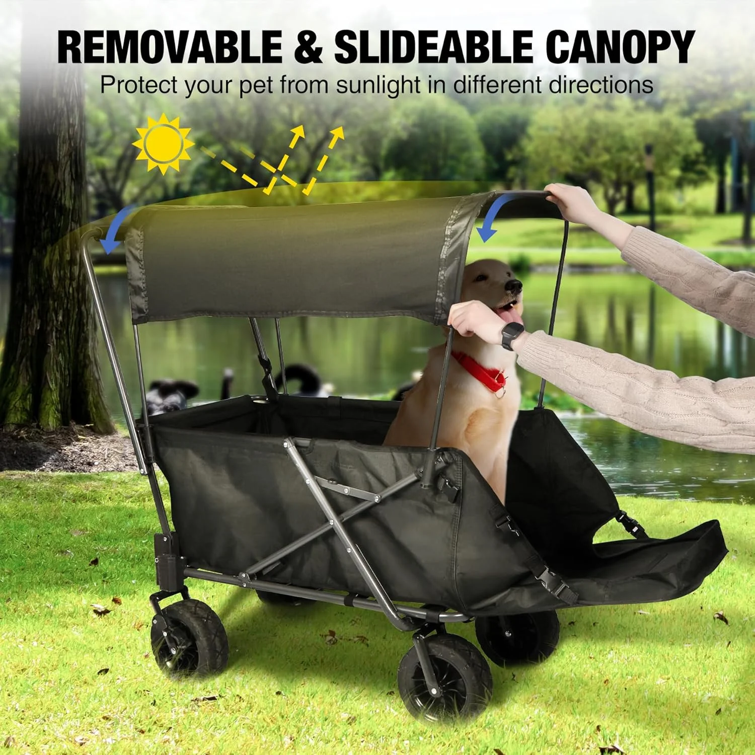 REDCAMP Folding Dog Wagon Cart with Canopy, 220L Capacity Large Collapsible Utility Cart Dog Stroller with Tailgate for Sports Shopping Pet, Black
