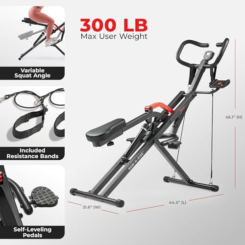Sunny Health & Fitness Row-N-Ride PRO, Full Body Combo Squat Machine w/Optional Resistance Band, Easy Setup Ab Workout Exercise Equipment for Home