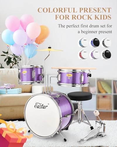 Kids Drum KIt Eastar 3-Piece for Beginners, 14 inch Drum Set with Adjustable Throne, Cymbal, Pedal & Two Pairs of Drumsticks