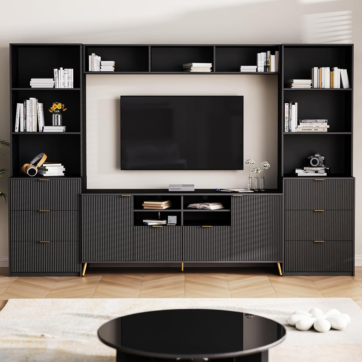 TV Stand with Fluted Line Surface, 4-Piece Entertainment Wall Unit with 13 shelves, 8 Drawers and 2 Cabinets, Modern TV Stand for Living Room, Black