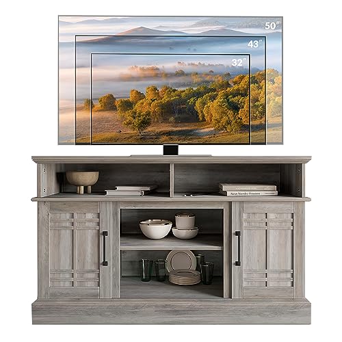 BELLEZE Modern 48" Farmhouse Wood TV Stand & Media Entertainment Center Console Table for TVs up to 50 Inch with Open Storage Shelves & Cabinets