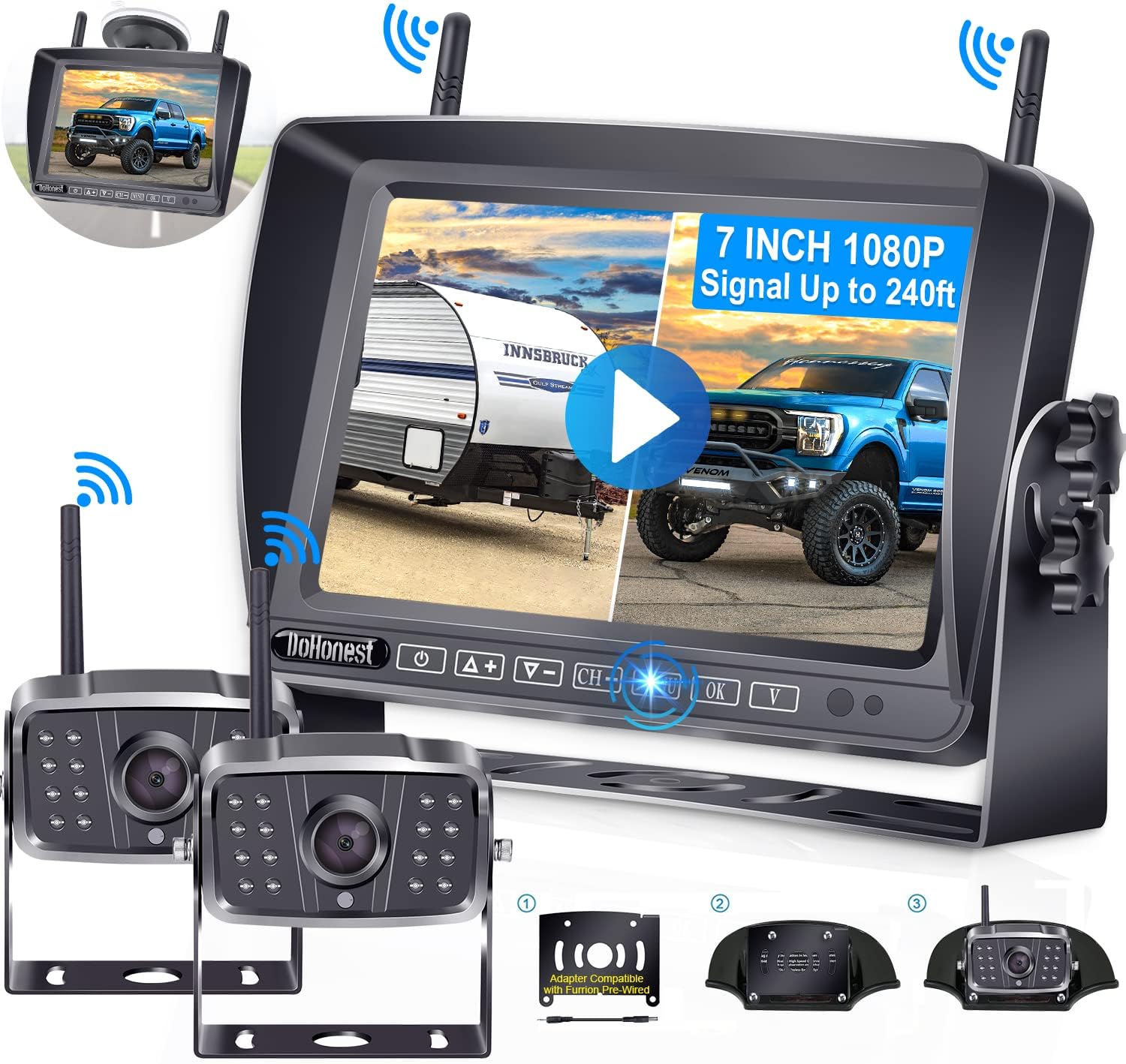 Wireless Backup Camera for RV HD 1080P 2 Rear View Camera 7���� DVR Touch Key Monitor Stable Digital Signals