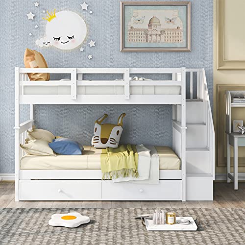 Harper & Bright Designs Twin Over Twin Bunk Bed with Stairs and Trundle, Solid Wood Stairway Bunk Bed Frame with Storage