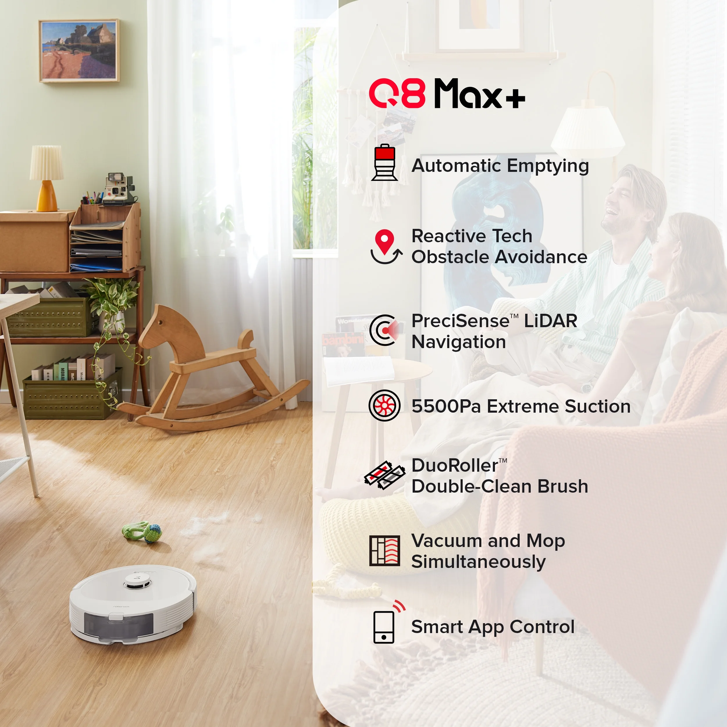 Roborock Q8 Max+ Robot Vacuum and Mop with Self-Emptying, Obstacle Avoidance, LiDAR Navigation, 5500Pa Suction Power, and App Control