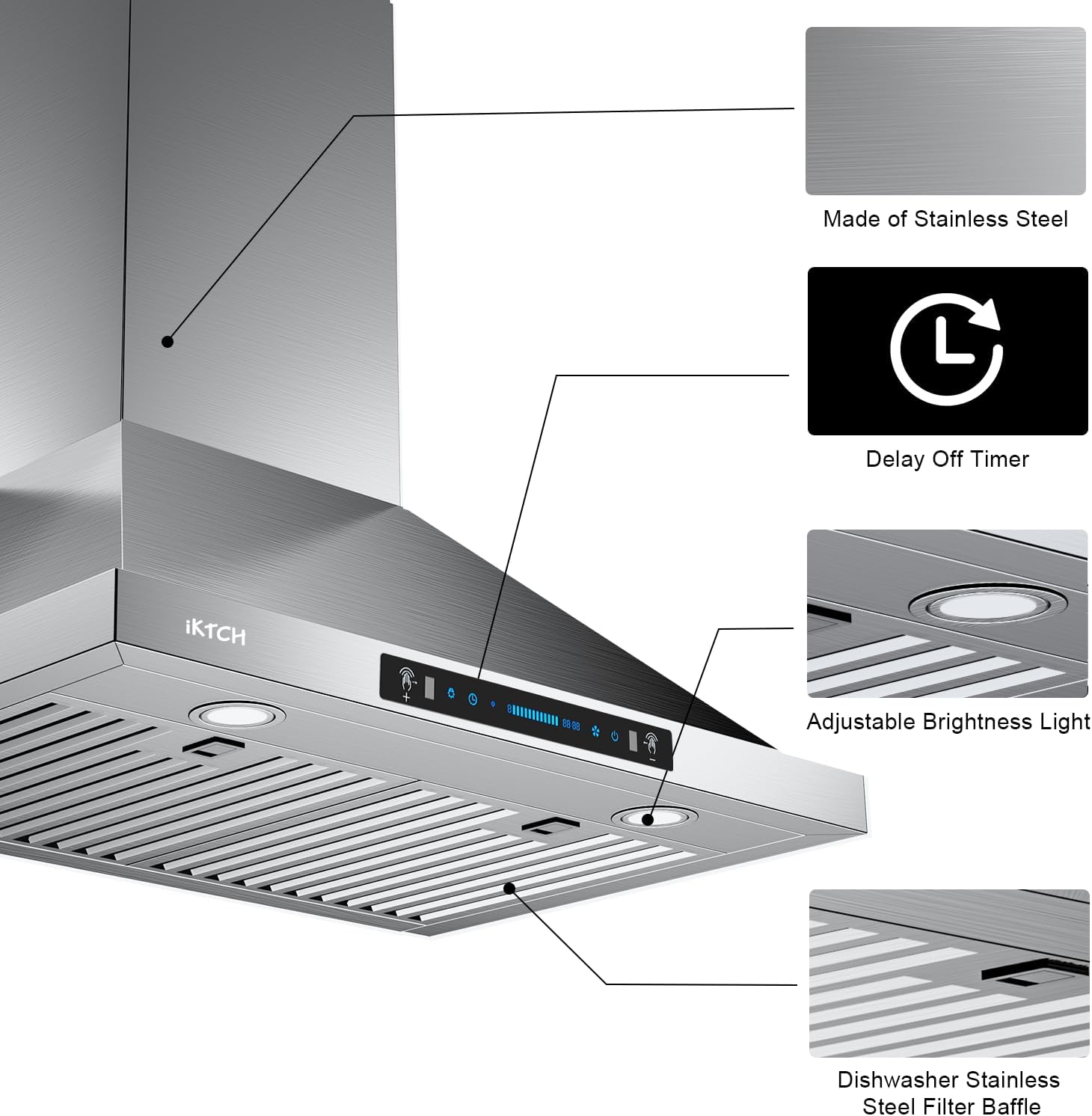 IKTCH 30-inch Wall Mount Range Hood 900 CFM Ducted/Ductless Convertible