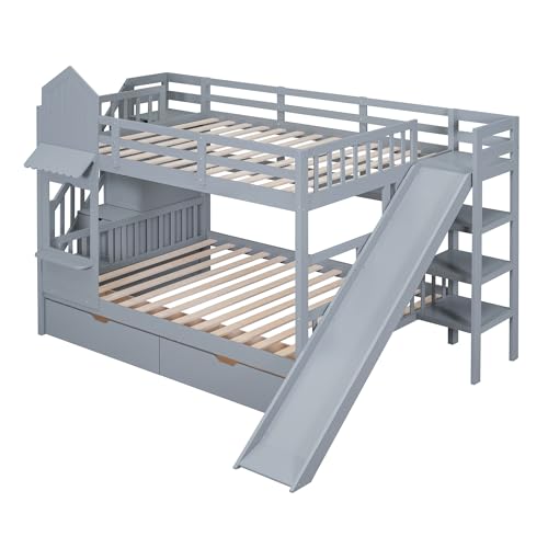 Harper & Bright Designs Twin Over Twin Bunk Bed with Stairs and Slide, Solid Wood Bunk Bed Frame with Storage Drawers and Bookshelf