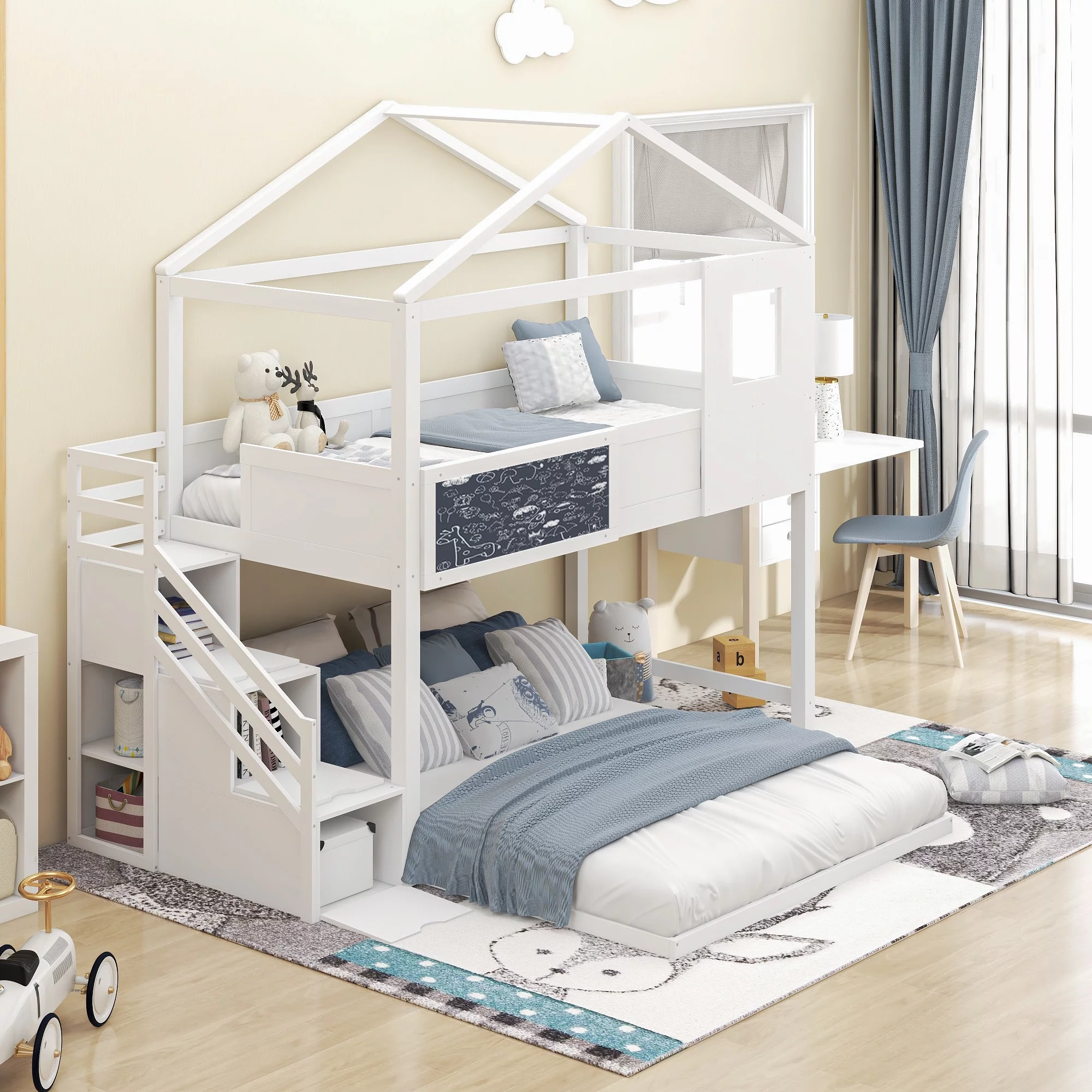 SYNGAR House Bunk Beds for Kids, Solid Wood Twin over Full Bunk Bed with Storage Staircase and Blackboard