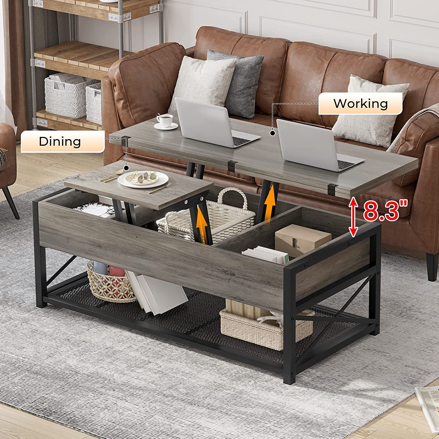 43" Lift Top Coffee Table 3 in 1 Multi-Function Grey Coffee Table with Storage for Living Room Dining Reception Room - Curated Treasures Market