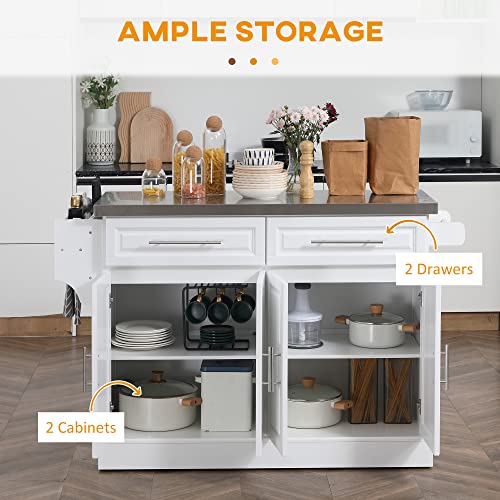 HOMCOM Rolling Kitchen Island Cart with Wheels, Portable Island Table for Kitchen with Stainless Steel Top, Adjustable Shelves, 2 Drawers, Spice