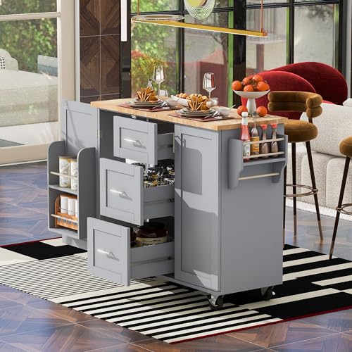 Farmhouse Kitchen Island With Storage Large Kitchen Island With Drop Leaf Rolling Kitchen Island With 3 Drawer 2 Slide-Out Shelf And Internal Storage