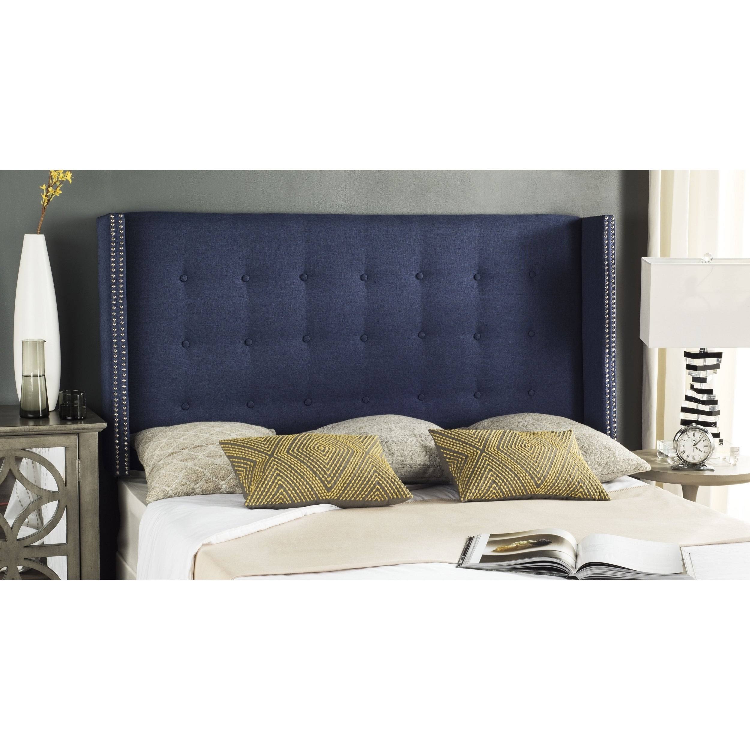 Safavieh Keegan Linen Tufted Winged Headboard - Navy - Queen