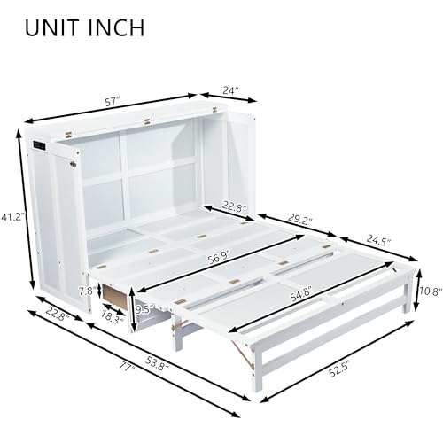 KEIKI Full Size Cabinet Murphy Bed with Charging Station and Drawers, Multiple Storage Foldable Hideaway Wall Murphy Bed Frame with Solid Slats