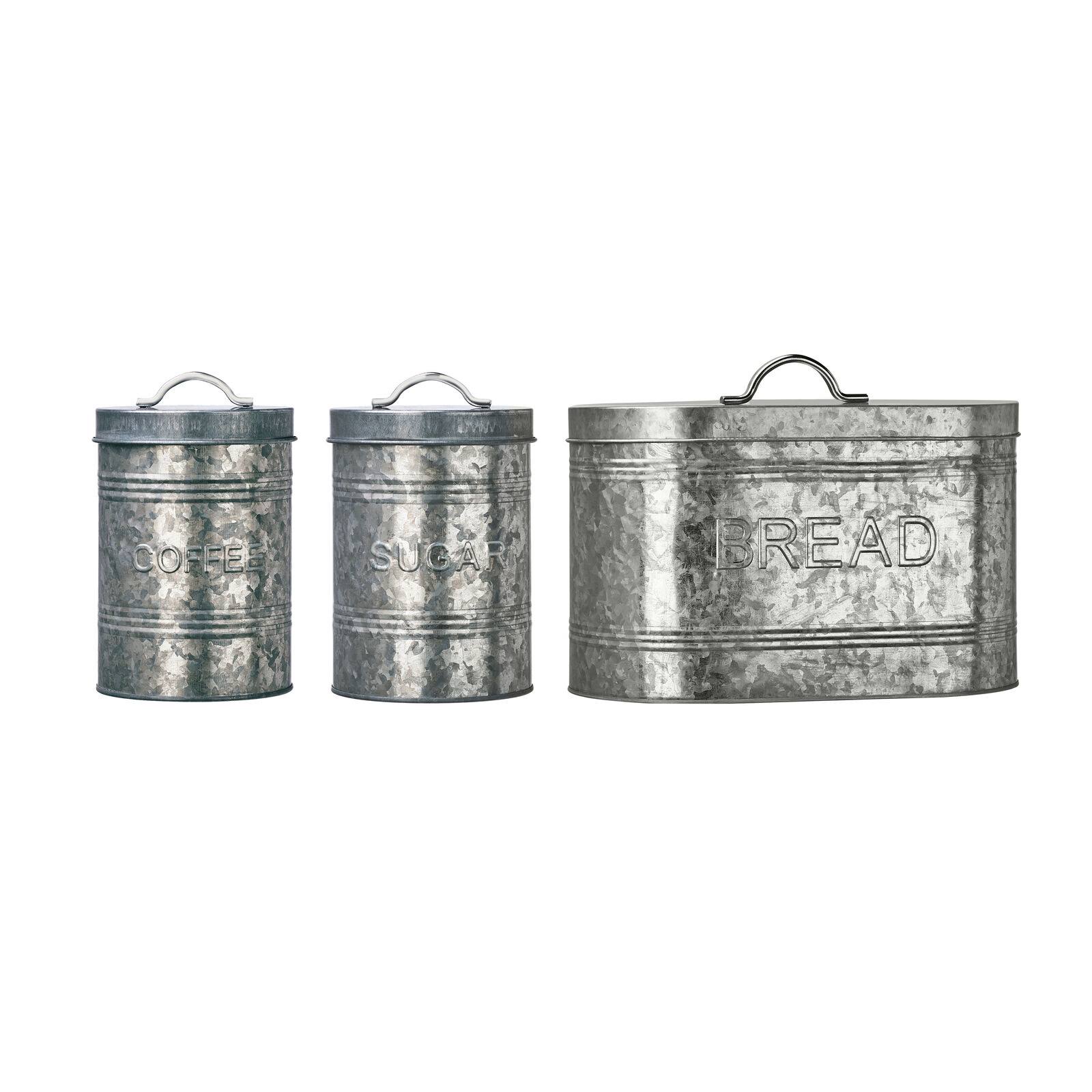 Rustic Kitchen Galvanized Metal Storage Canisters, Assorted Set of 3 (Coffee, Sugar, Bread)