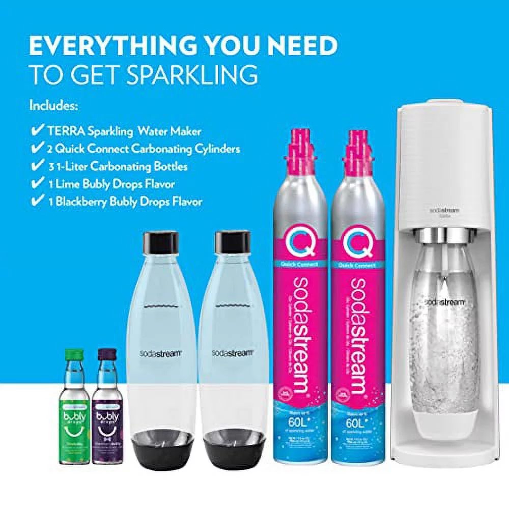 SodaStream Terra Sparkling Water Maker Bundle (White), with CO2, DWS Bottles, and Bubly Drops Flavors