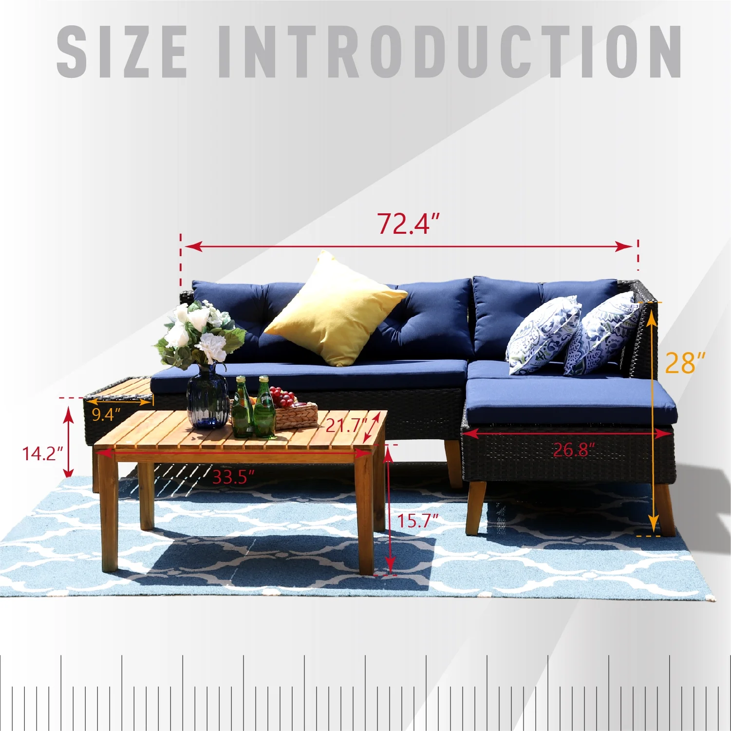 MF Studio 3 Pieces Rattan Patio Sofa Set Conversation Set, Navy Blue
