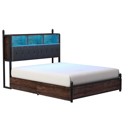 AMERLIFE Full Size Bed Frame with Bookcase Headboard, 4 Storage Drawers, Wooden Platform Bed with Charging Station & LED Light, No Box Spring Needed